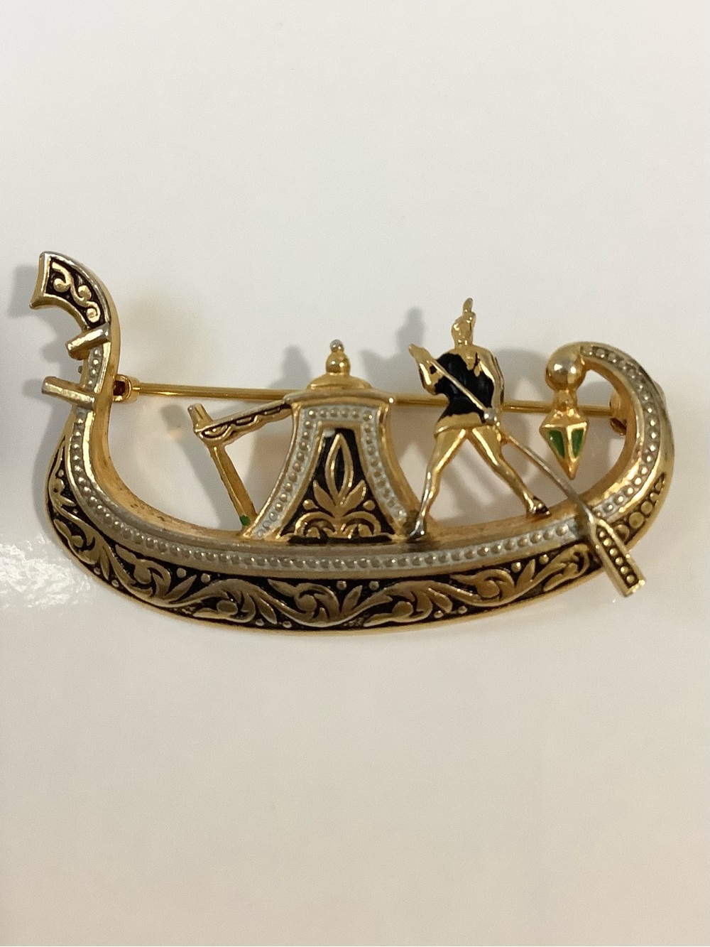 Vintage Toledo Damascene Boat Gondola Gold tone Brooch Venetian Gondolier